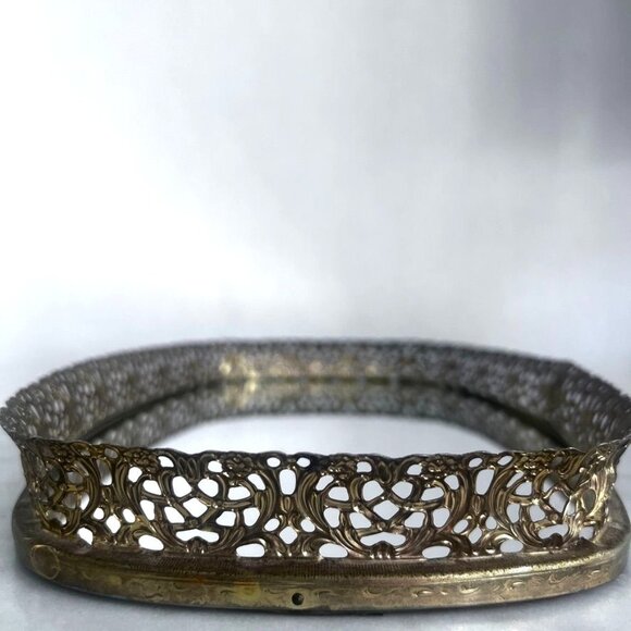 Vtg Oval Mirrored Vanity Tray Gold-tone Ornate Filigree Hollywood Regency 12X8" - Picture 7 of 15